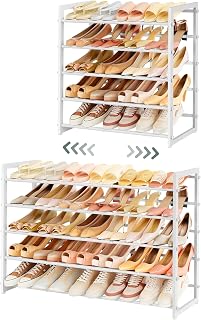 FAVOOSTY 5-Tier Expandable Shoe Rack, Adjustable Shoe Shelf Storage Organizer Space Saving Metal Free Standing Shoe Rack for Entryway Closet Doorway, White (White, 5 Tier)