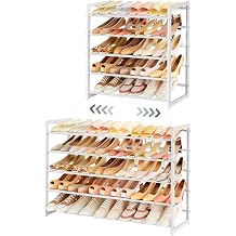 FAVOOSTY 5-Tier Expandable Shoe Rack, Adjustable Shoe Shelf Storage Organizer Space Saving Metal Free Standing Shoe Rack for Entryway Closet Doorway, White White, 5 Tier