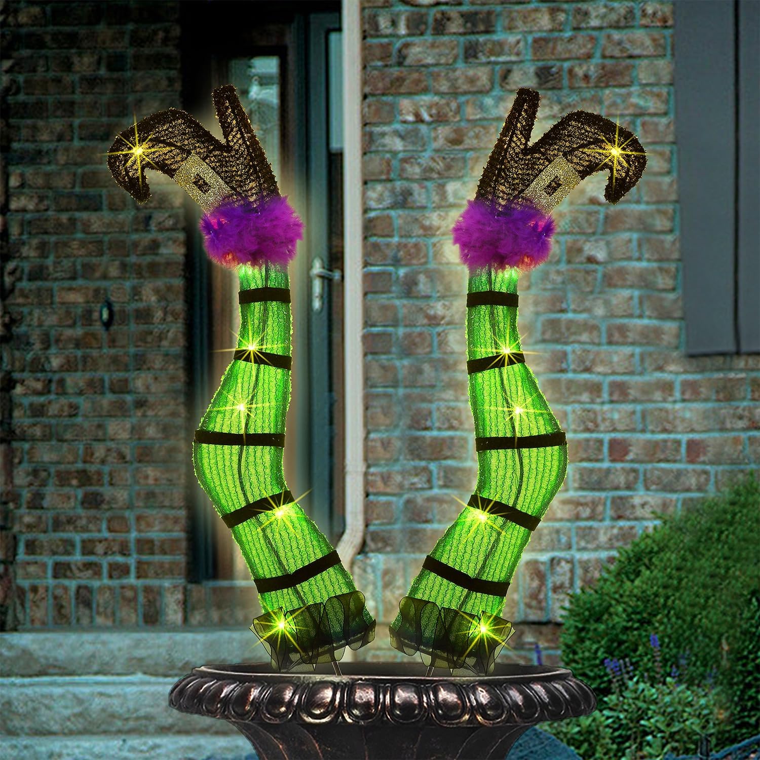 Juegoal Set of 2 Halloween Lighted Wicked Witch Legs with Stakes, 22" Light Up Tinsel Witch Prop, Halloween Yard Signs Timer & 8 Modes, Battery Operated for Outdoor Party Haunted House Garden Decor Green