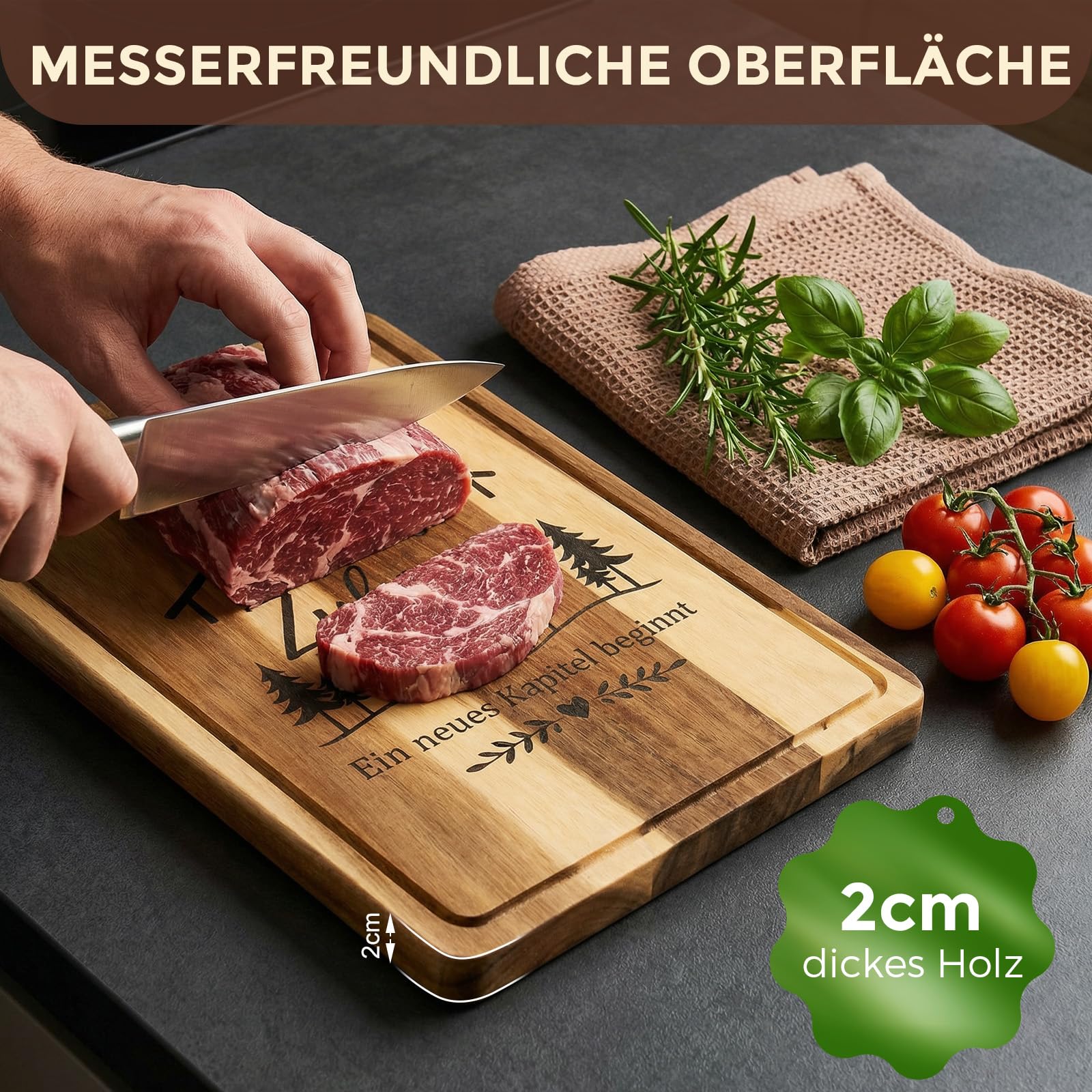 Einzugsgeschenke Wohnung - 38x28x2cm Akazienholz Schneidebrett mit Saftrille - Edles Einweihungsgeschenk Wohnung, Geschenk zum Einzug ins Haus, Richtfest Geschenk mit Leinentuch & Geschenkbox
