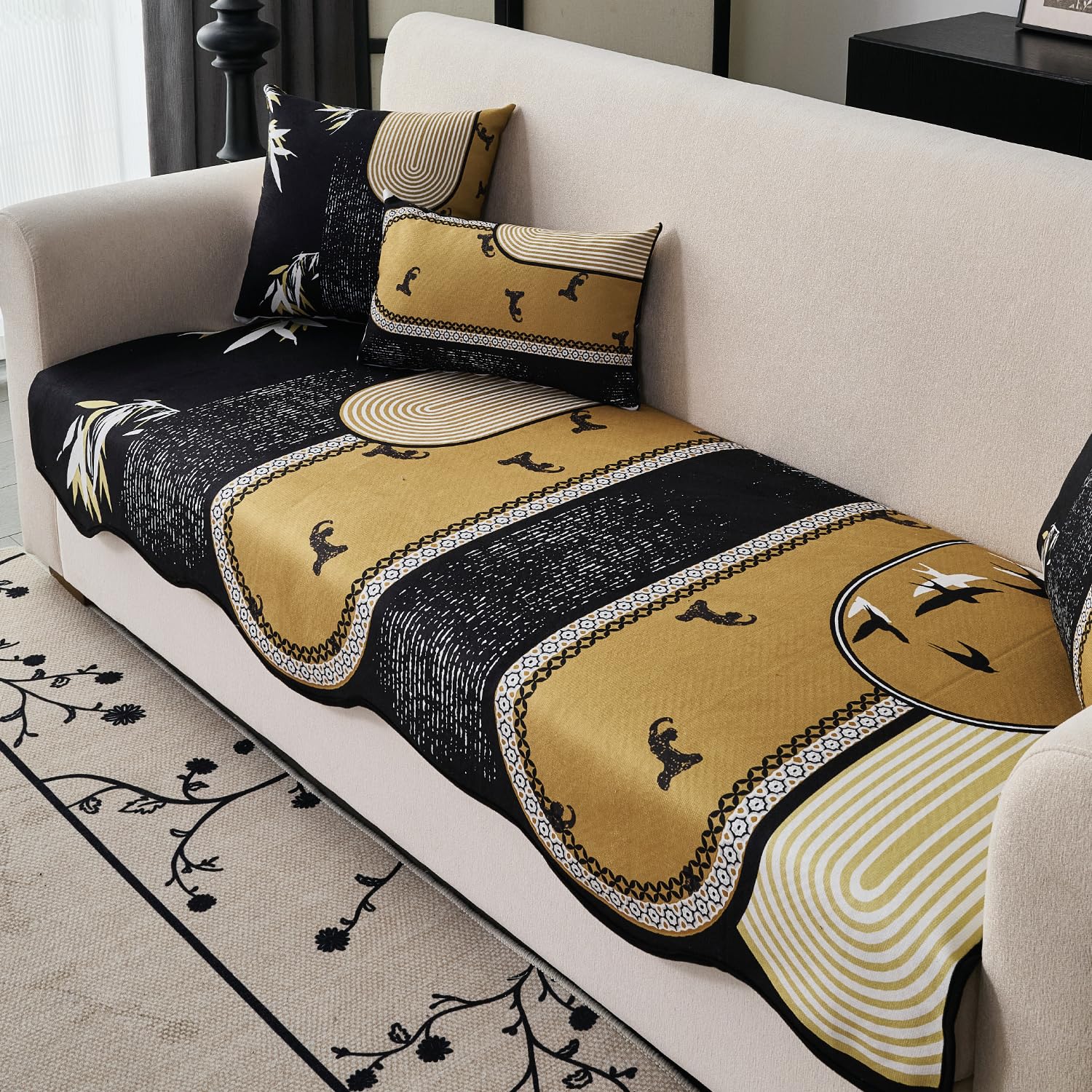 HOKIPO Chenille Sofa Cover Mat with Curvy Edges for 1/2/3 Seater & L Shape Sofa | Make Your Own Sofa Cover Set, 'Arcéa Collection Series' Sofa Mat, 90(W) x 180(L) cm, Mustard Gold Tribal (AR-6588-D1)-image-28