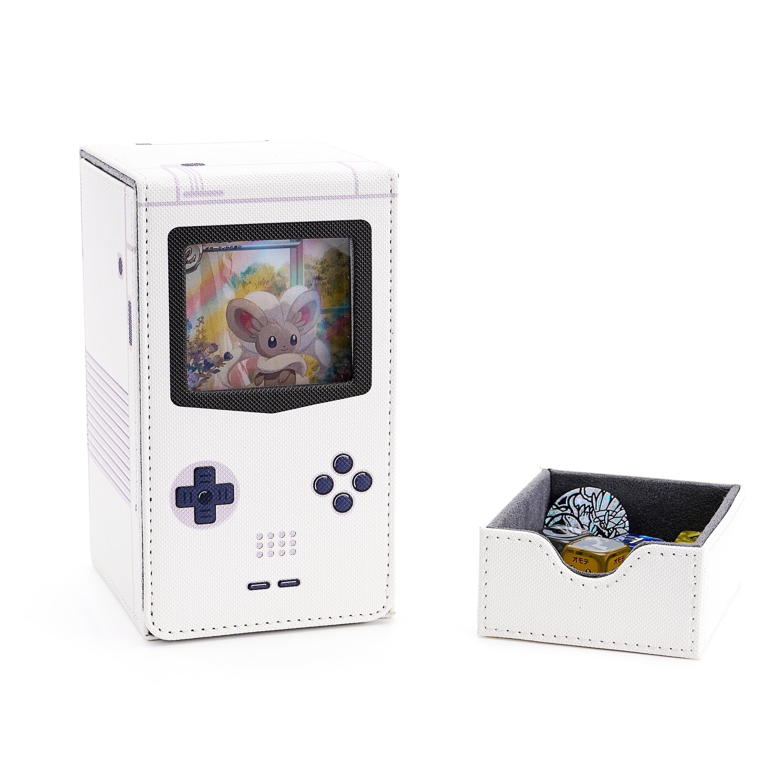 Venssu Retro Gaming Console MTG Deck Box with Dice Tray, Card Deck Case with Commander Display, PU Leather Card Storage Box Fit 120 Single Sleeved Cards, Compatible with TCG/PTCG (White)