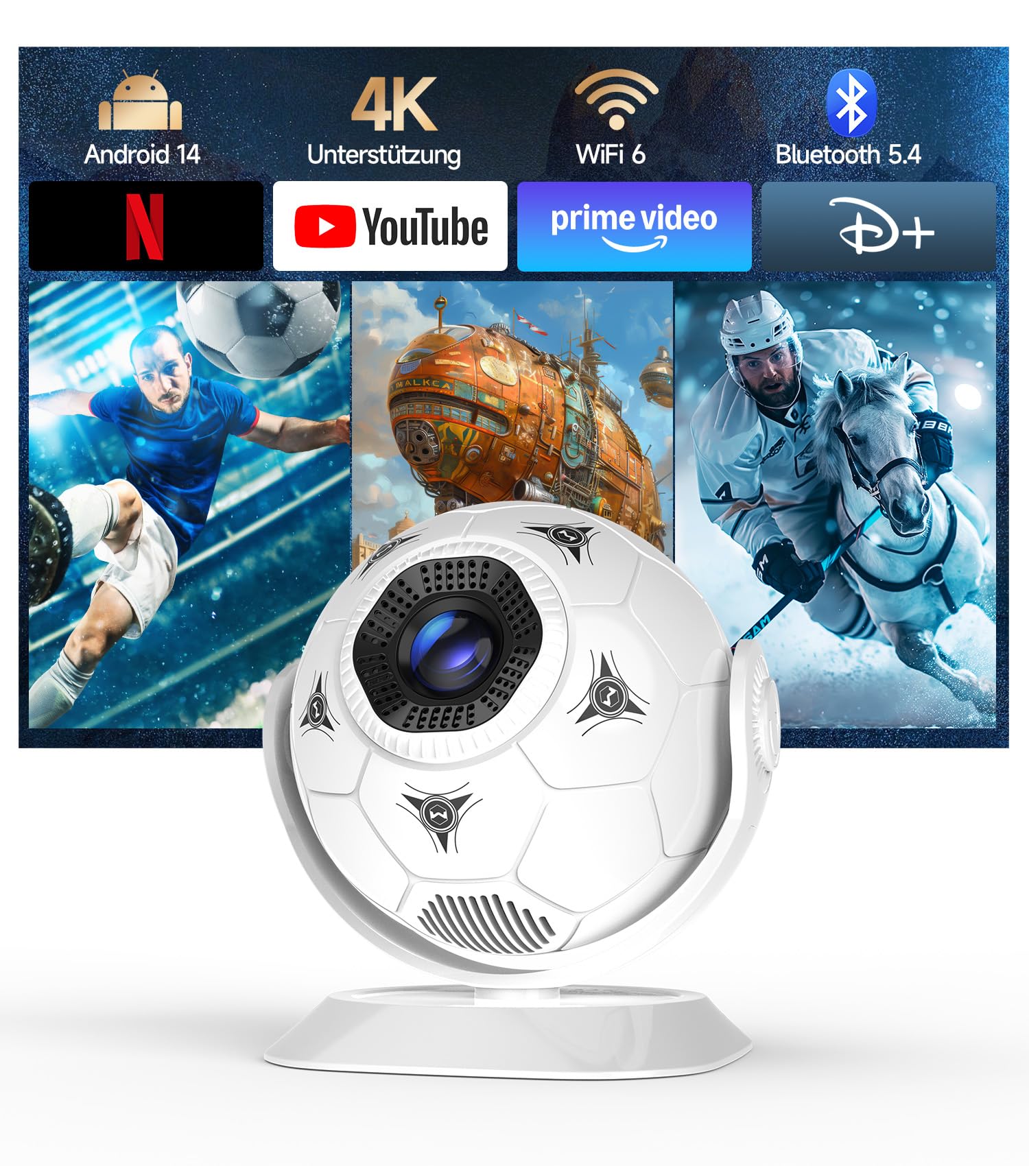 Magcubic Mini Beamer Projektor 4K Support, 360° Fußball-Motiv Beamer Klein Heimkino Outdoor WiFi 6 Bluetooth 5.4, Auto Keystone Portable Projektor Kurzdistanz für Handy Smart TV Android 14, HY300F