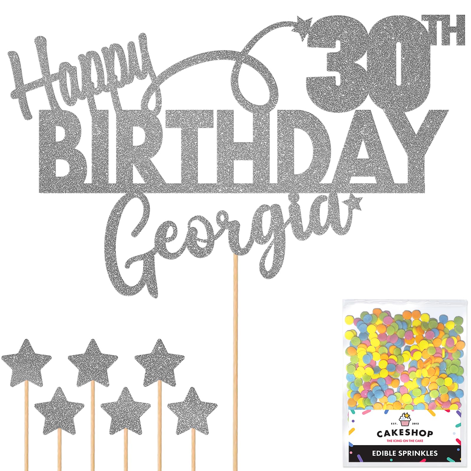 Personalised Happy Birthday Glitter Cake Topper - Dark Silver Any Name & Any Age Glitter Cake Decoration and Sprinkles - Happy Birthday Decorations - Personalised Toppers for Cakes by Cakeshop โ image 1