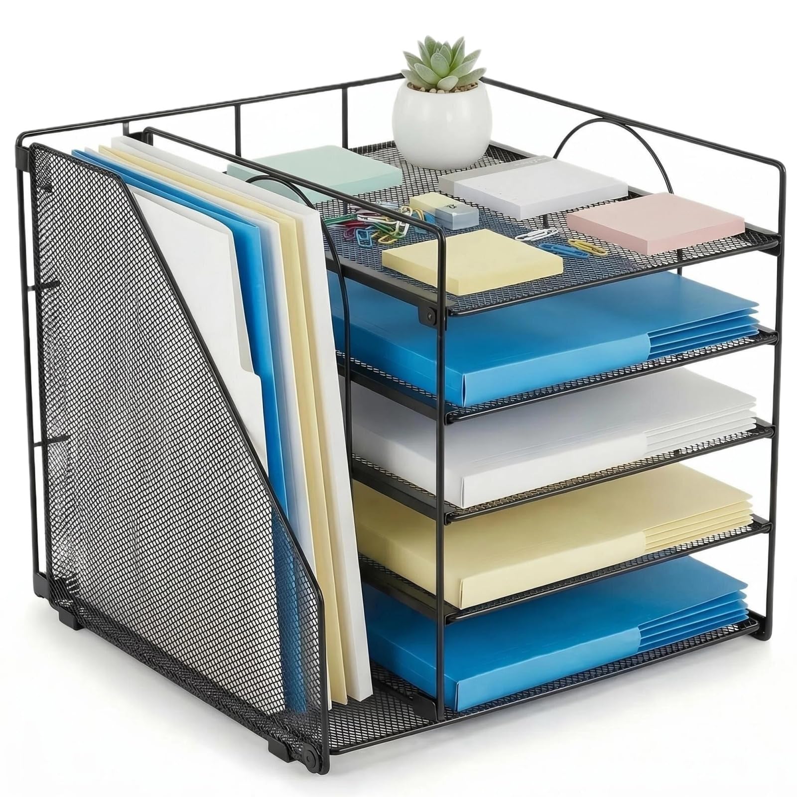 Desk Tidy File Storage Organiser Holder, 5-Tier Paper Letter Tray Organizer with File Holder, Mesh Desk Organiser Letter Tray, Desktop Filing System, for Office, Home, Organization and Storage (Black)