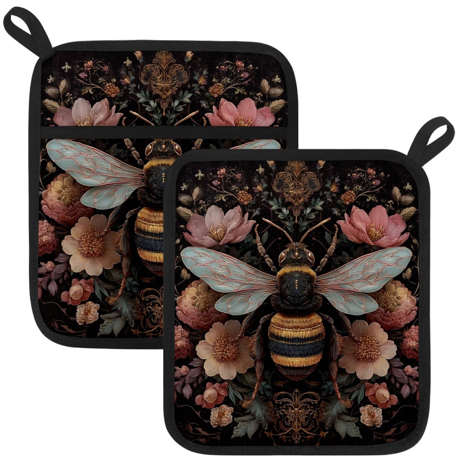 VAPOKF Bee Flower Pot Holders with Pocket for Kitchen Heat Resistant Potholders Large Polyester-Cotton Square Oven Mitts Set