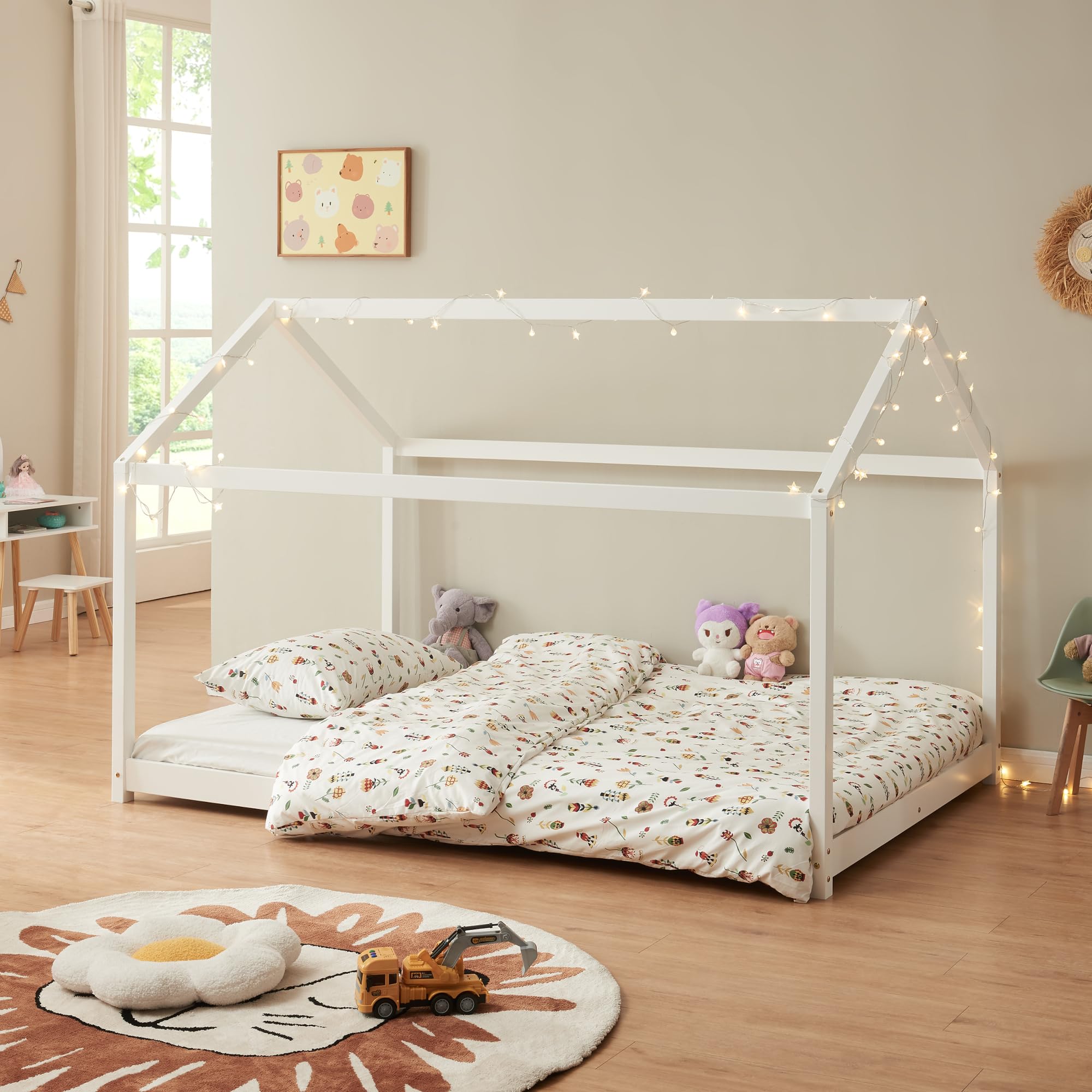 en.casa Cerro Hausbett – Kinderbett aus massivem Kieferholz, 120x200 cm, Weiß (mit Lattenrost)