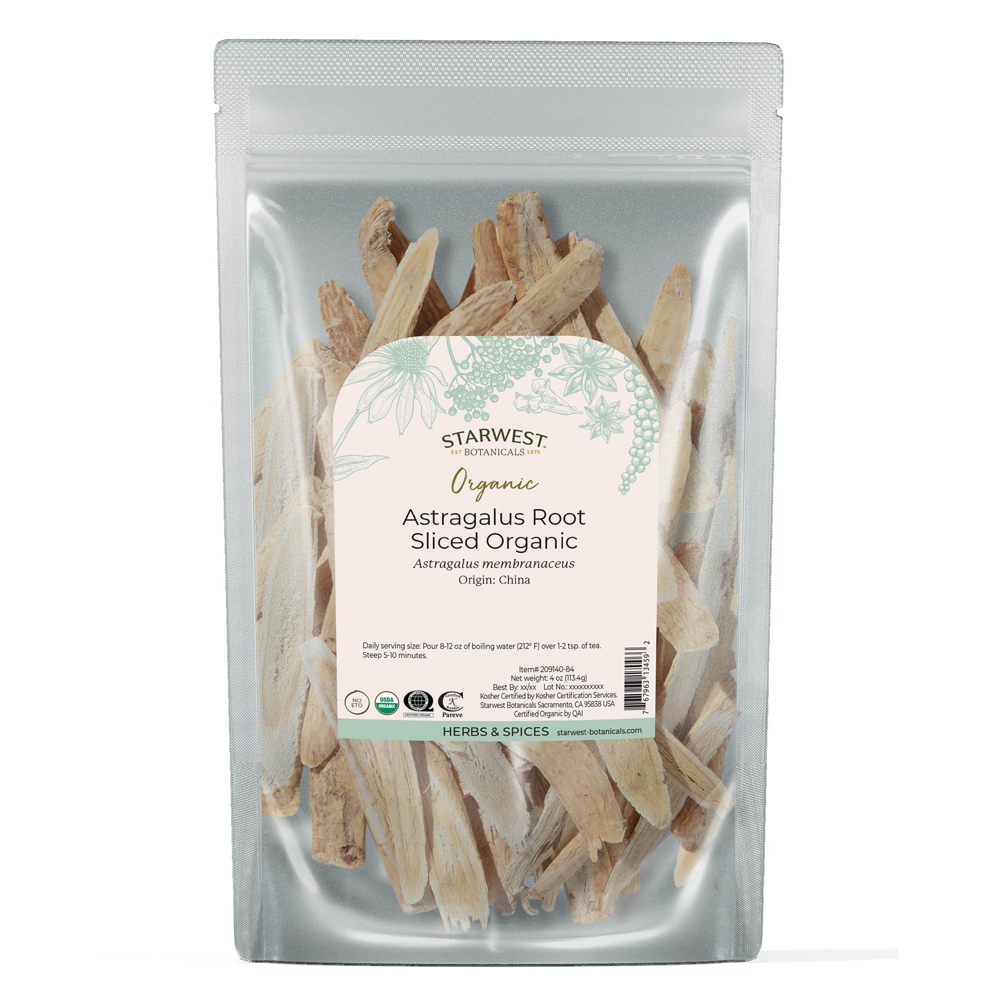 Starwest Botanicals Organic Astragalus Root Sliced, Non-GMO - 4 oz Pouch