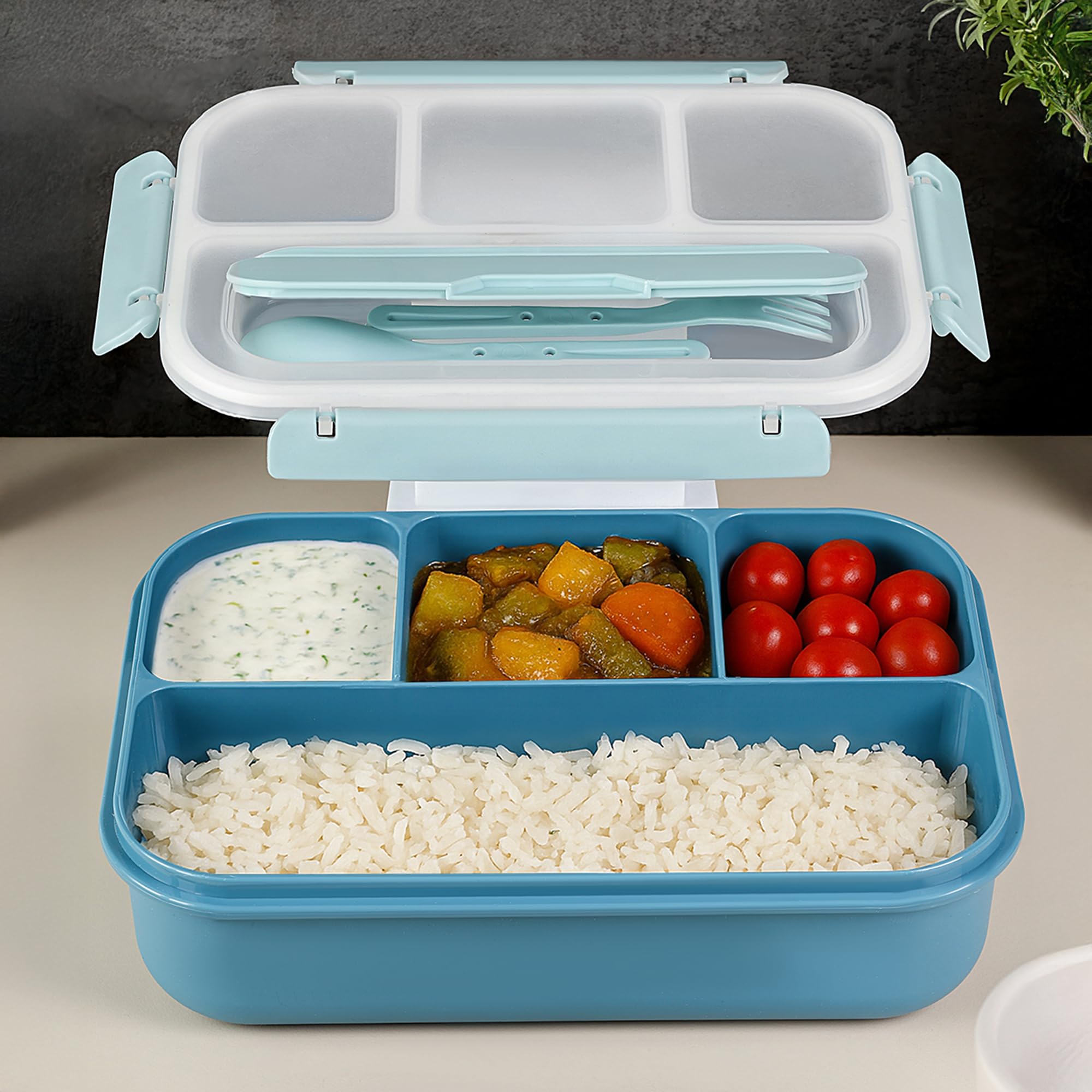 Sızdırmaz Contalı Yemek Kabı - 4 Bölmeli Çatal Kaşıklı Diyet Beslenme Kutusu Lunch Box Mavi