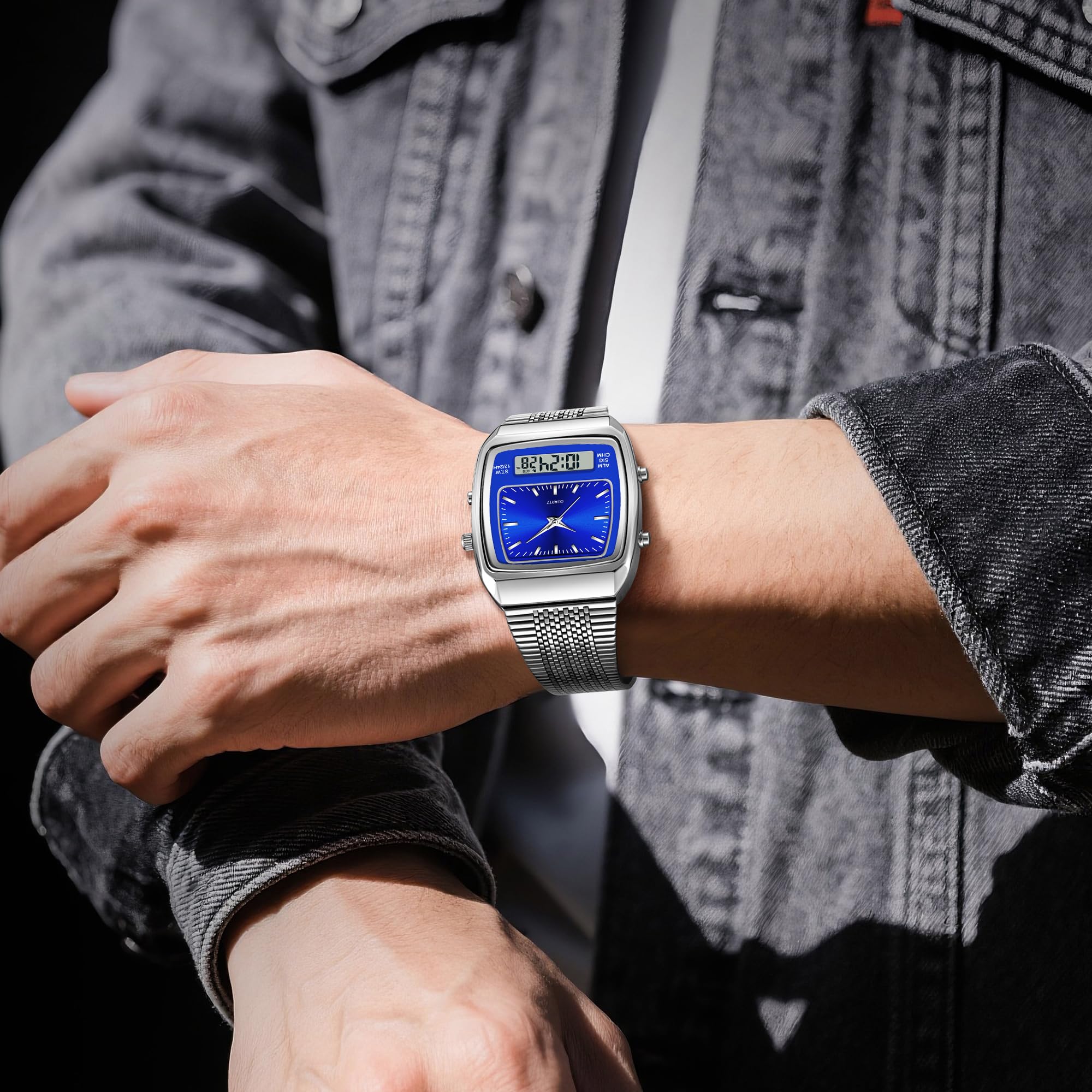 findtime Orologio da polso da uomo e donna, impermeabile, analogico, digitale, cinturino unico, con sveglia, retro a LED, multi-fuso orario, rettangolare, orologio da polso