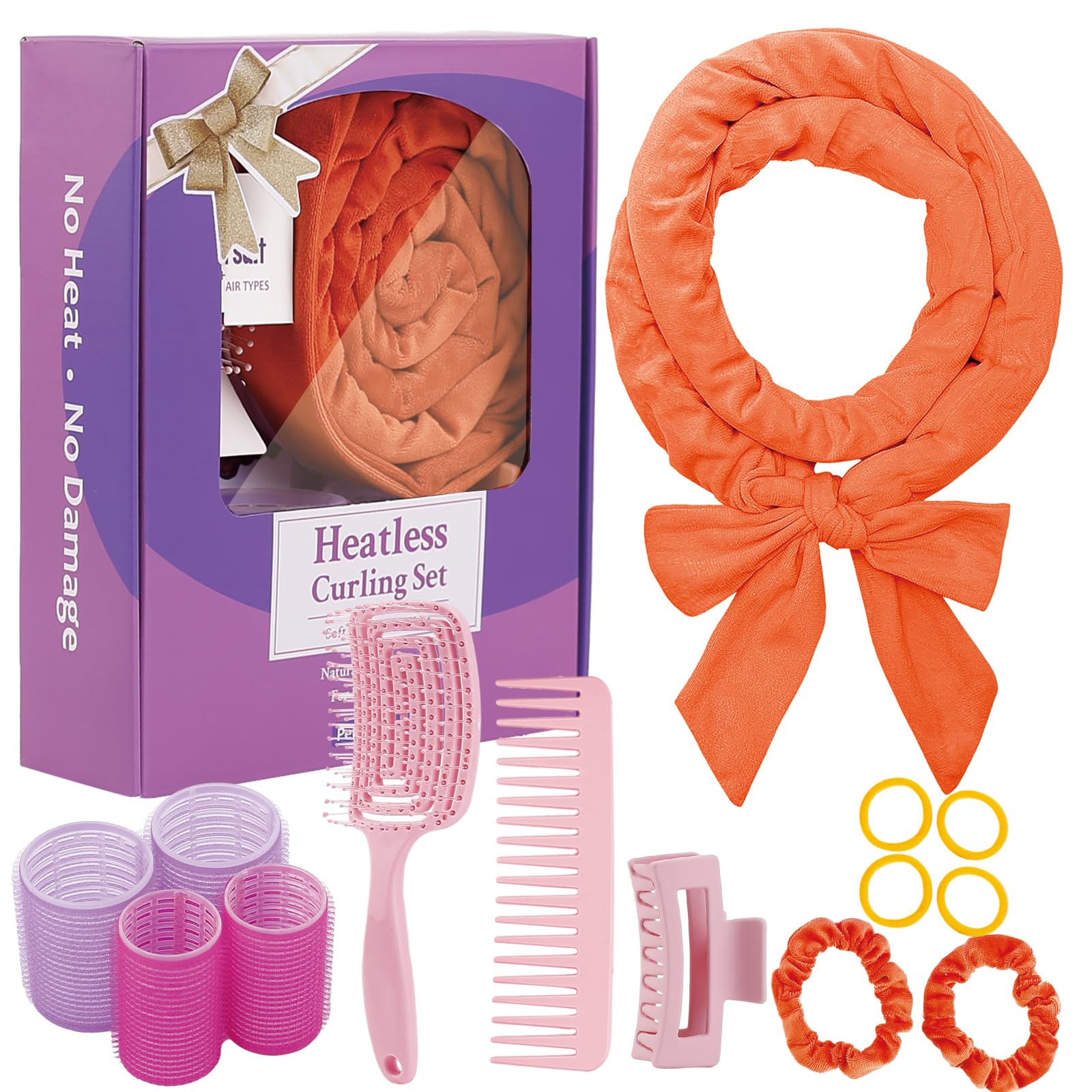 Diadema de rizos sin calor, rodillos de cabello para rizos sin calor, rizadores de terciopelo de 70 pulgadas sin calor para mujeres y niñas, rizos de cabello sin calor para dormir, naranja