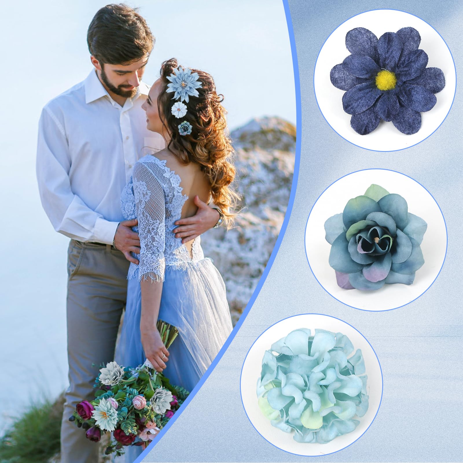 LARDUX 24 PCS Artificial Flower Heads-Craft Fake flower Decoration Mini Silk Blue Flower Heads Bulk Mix for DIY Wedding Party Hair Accessory Scrapbooking Home Decor - Image 4