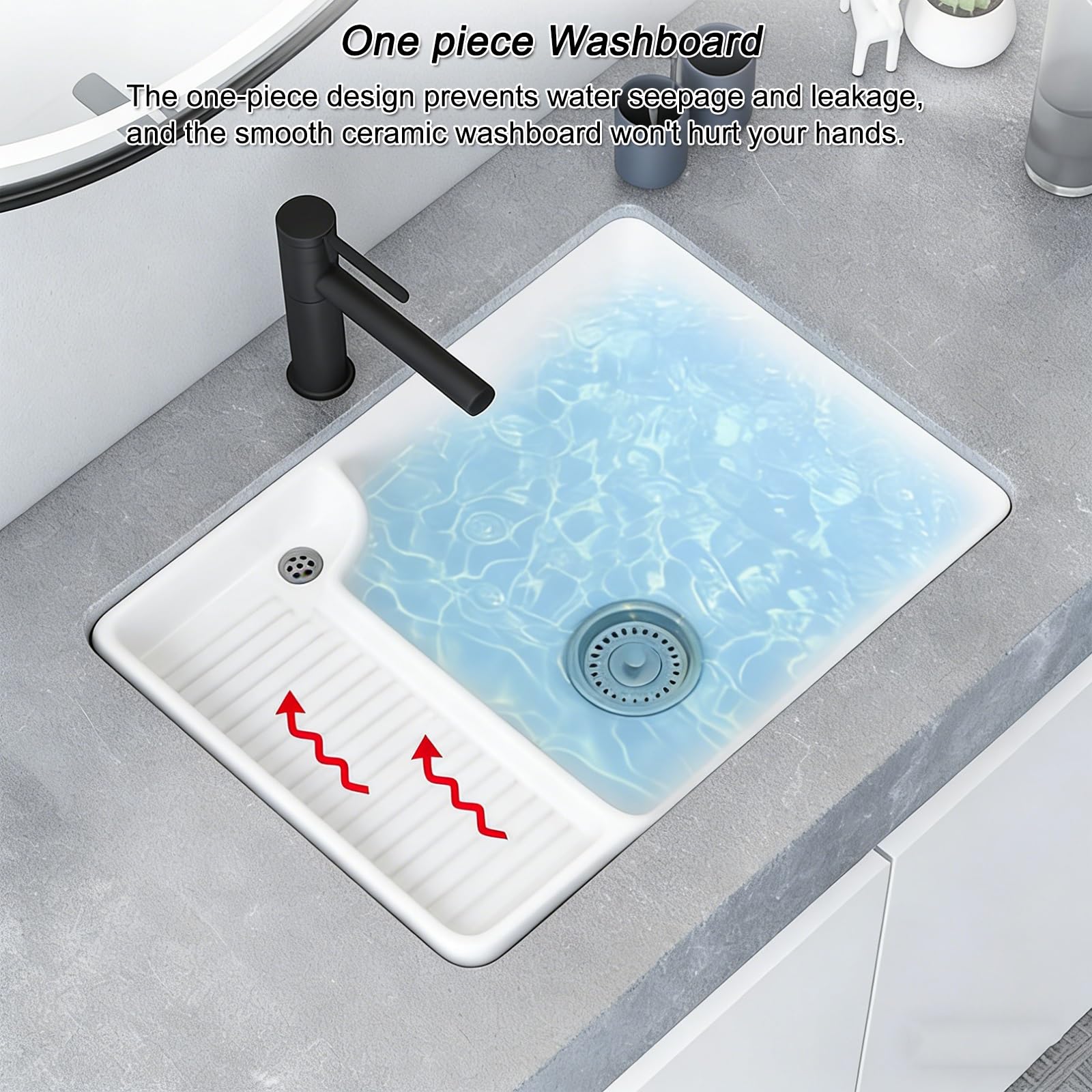 Spülbecken mit Waschbrett, Unterbauspüle aus Keramik für Waschküche, Badezimmer mit Wasserhahn und Ablauf-Set