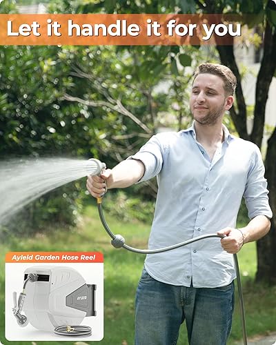 Miniatura 8 de Ayleid - Carrete de manguera de jardín retráctil, carrete de manguera montado en la pared de 12 pulgadas x 130 pies, con boquilla pulverizadora de 9