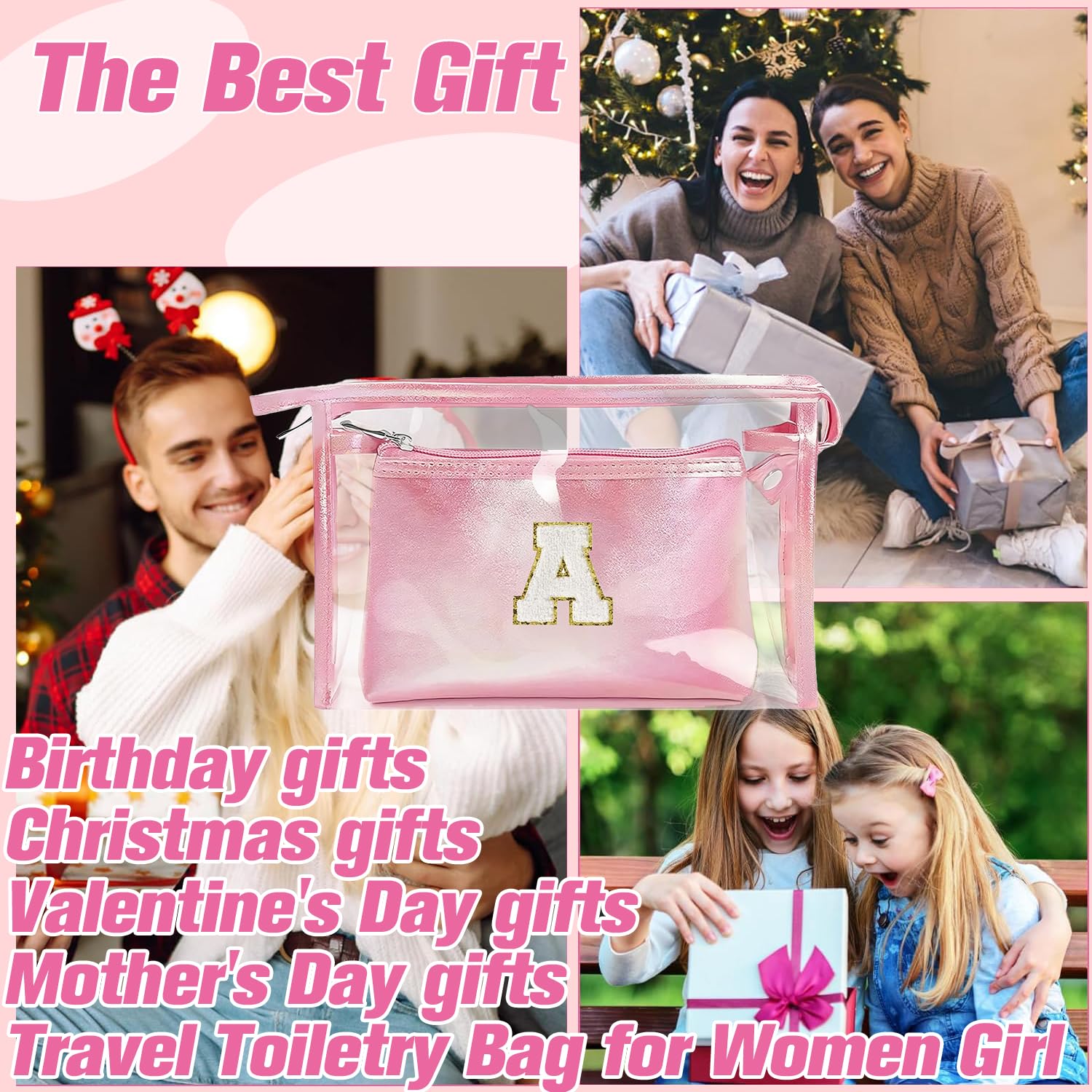 2 Pezzi Beauty Case da Viaggio Trasparente, Trousse Trucchi Donna, Borsa da Toilette in PU-PVC, Borse da Viaggio Impermeabile, Borsa Cosmetici Regalo Compleanno Natale Ideale per Donne Ragazze Rosa K