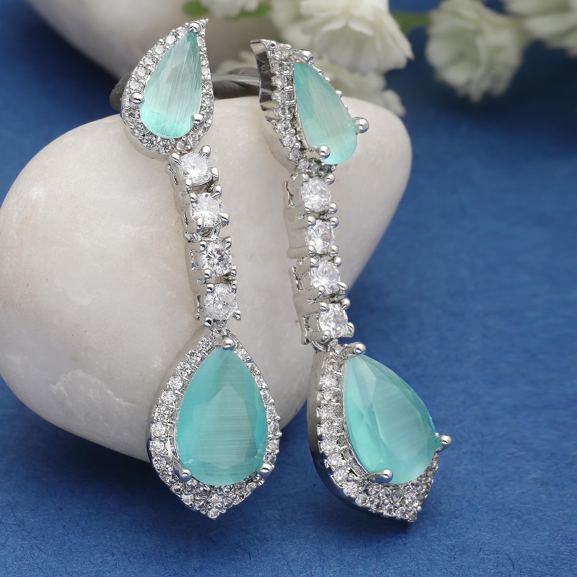 Rhodium-Plated Teardrop Drop Earrings with American Diamond Studding