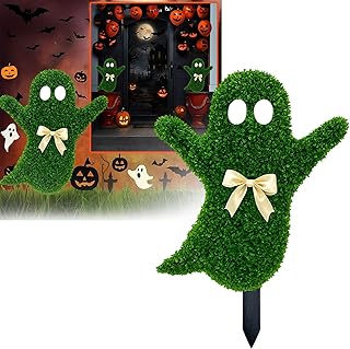 2025 Halloween 3D Ghost Topiary Tree Decorations Outdoor, Artificial Green Faux Boxwood Bush Plant with Ground Spike, Halloween Ghost Topiary Tree Stake Yard Lawn Garden Decor (Green-C)