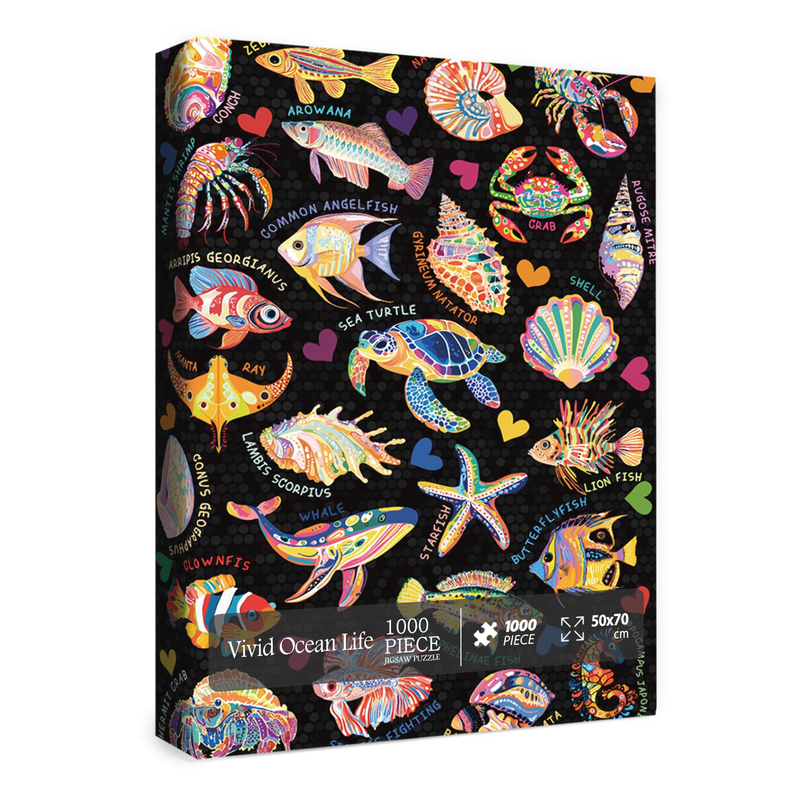 Ocean Animal Puzzle for Adults 1000 Pieces, Colorful Collage Jigsaw Puzzle, Fish Sea Turtle Whale Seashell Seahorse Marine Puzzle