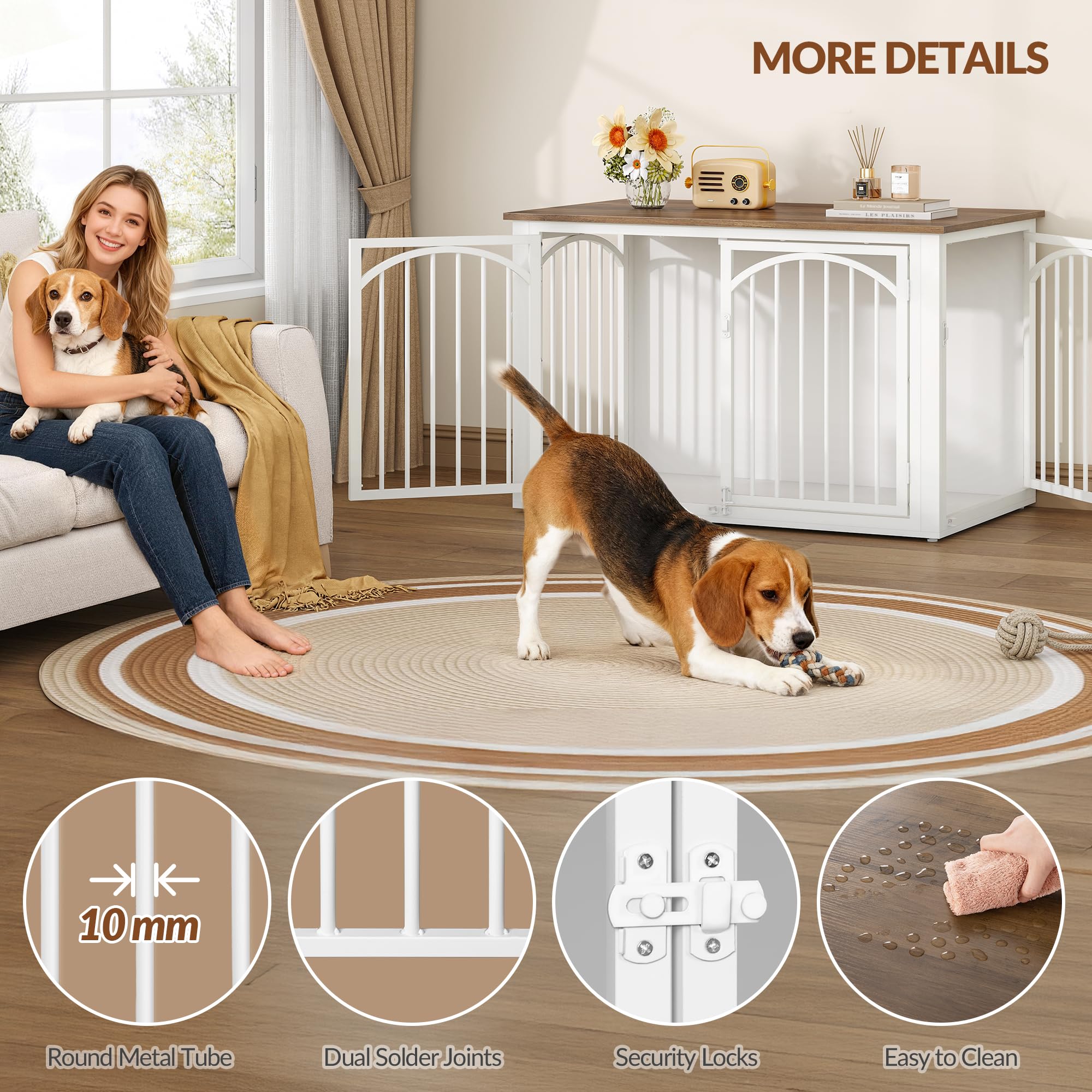 Cage pour Chien, 100cm Meuble Cage Chien et 4 Portes, Cages Bois pour Chiens, Table d'appoint, pour Chiens de Taille Moyenne à Grande, Niche D'intérieur, 100 x 60 x 63 cm, Marron et Blanc