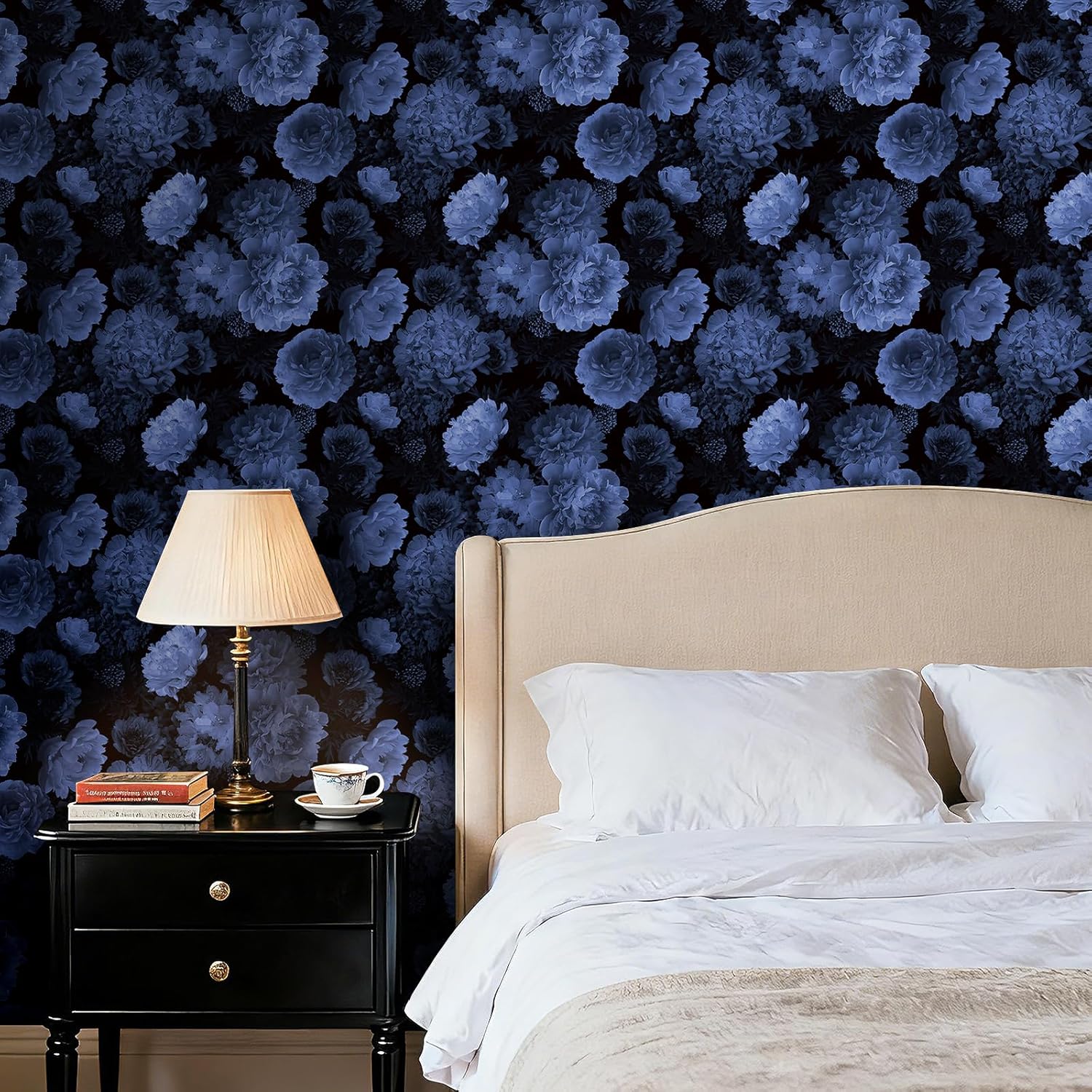 Dark Moody Floral Peel and Stick Wallpaper Blue Dramatic Peony Wallpaper Floral Botanical Dark Flower Wall Paper Removable Self Adhesive Accent Wall Covering for Bedroom Living Room 17.5"x80"