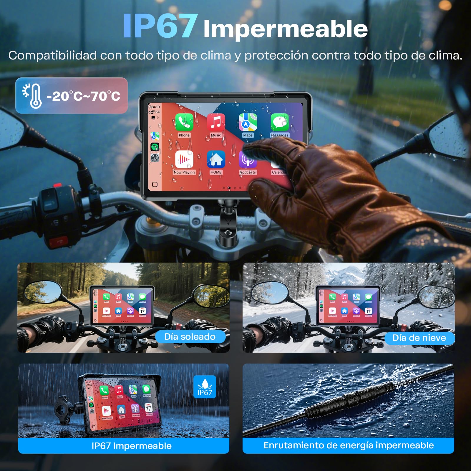 WonVon 7 Pulgadas CarPlay para Motocicleta Sistema de Navegación GPS con Apple CarPlay y Android Auto Pantalla Portátil con Doble Bluetooth, Navegación, Siri, Asistente de Google Soporte magnética
