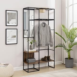 Walker Edison Arnold Urban Metal and Wood Clothing Rack Hall Tree, 70 Inch, Rustic Oak