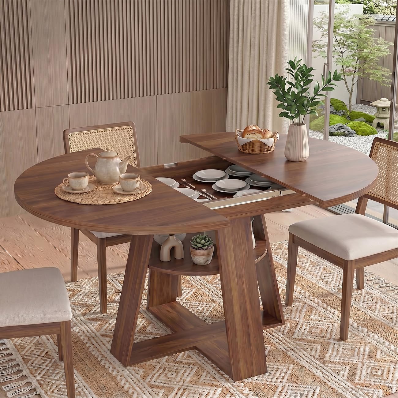 Esstisch Rund Ausziehbar, 100-140cm Moderner Küchentisch Holz, Esszimmertisch Oval für 4-6 Personen, Wohnzimmertisch mit Offenen Ablagen für Küche, Esszimmer und Wohnzimmer