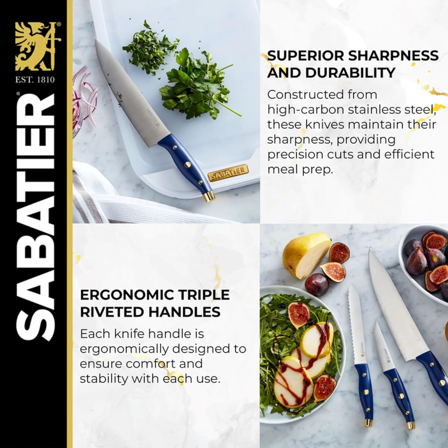 Sabatier 3-Piece Chef Set - Includes 8" Chef Knife, 5.5" Serrated Utility Knife, 3.5" Paring Knife - Kitchen Cooking Essentials with High-Carbon Stainless Steel Blades & Durable Handle