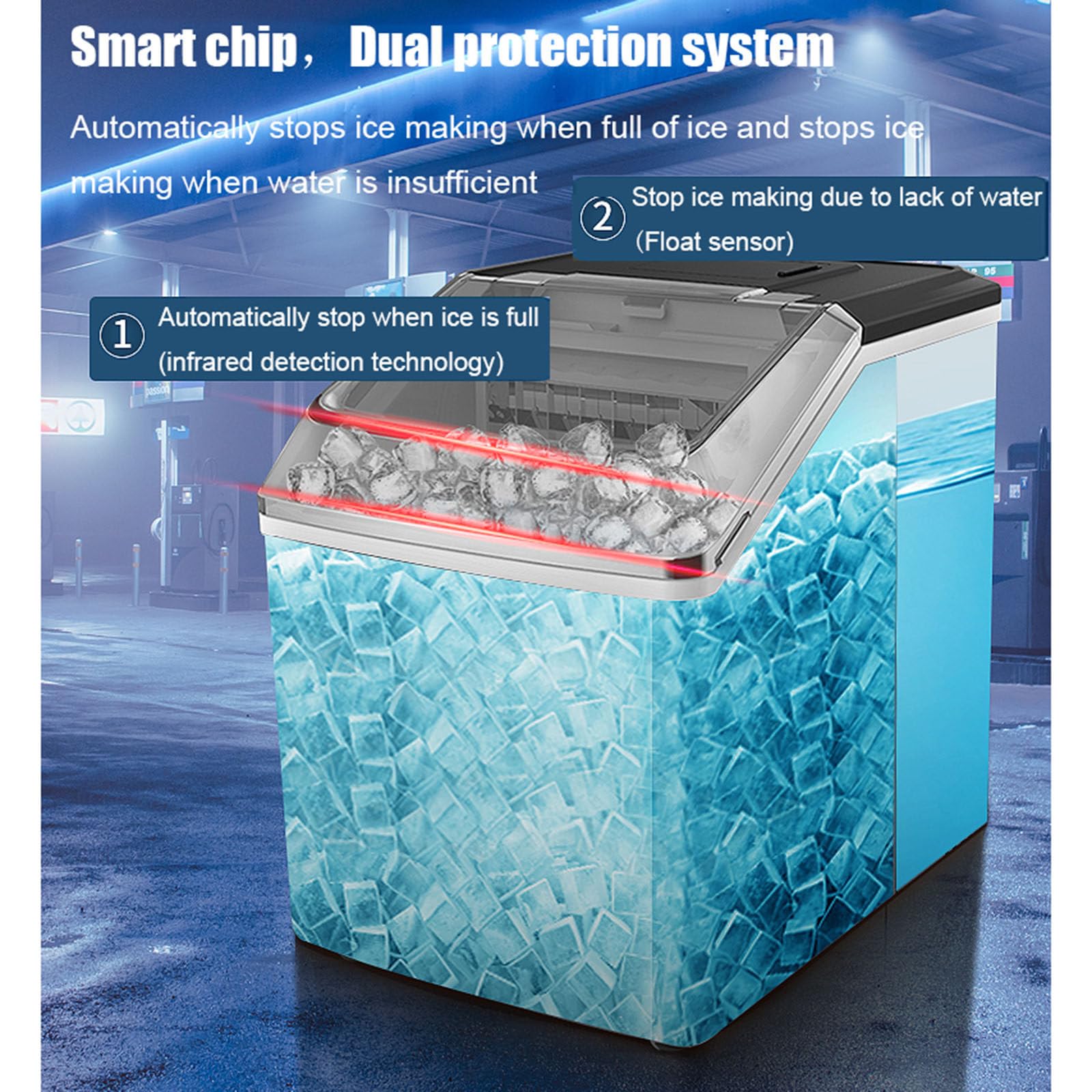 Máquina de hielo de sobremesa: 3 formas de añadir agua, producción de hielo de 25 kg/día, capacidad de almacenamiento de 1,3 kg para uso en el hogar, la cocina, la oficina y el bar (adicional).