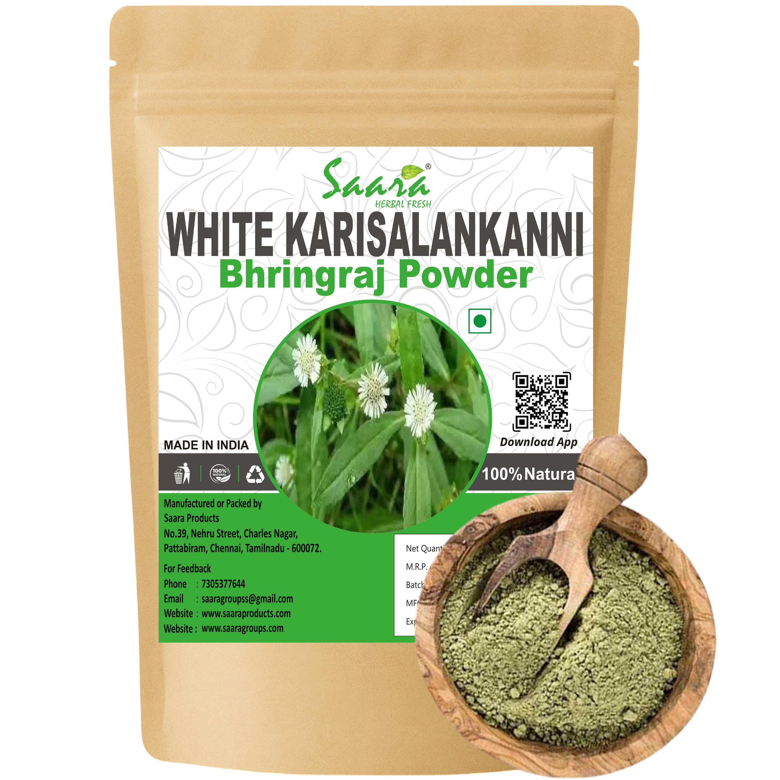 Saara HERBAL FRESH White Karisalankanni Powder, 100g, Bhringraj, Eclipta Prostrata, Gunta Kalagaraku, Kesaraja, Bhangra, For Hair care (pack of 1 X 100g)