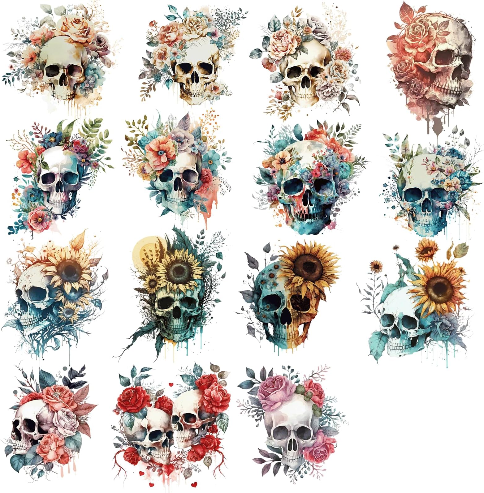15Pcs Flower Skull Iron on Transfers Horror Goth Punk Skeleton Vinyl Heat Transfer Iron on Stickers for T-Shirt Clothing Jacket Hat Backpacks DIY