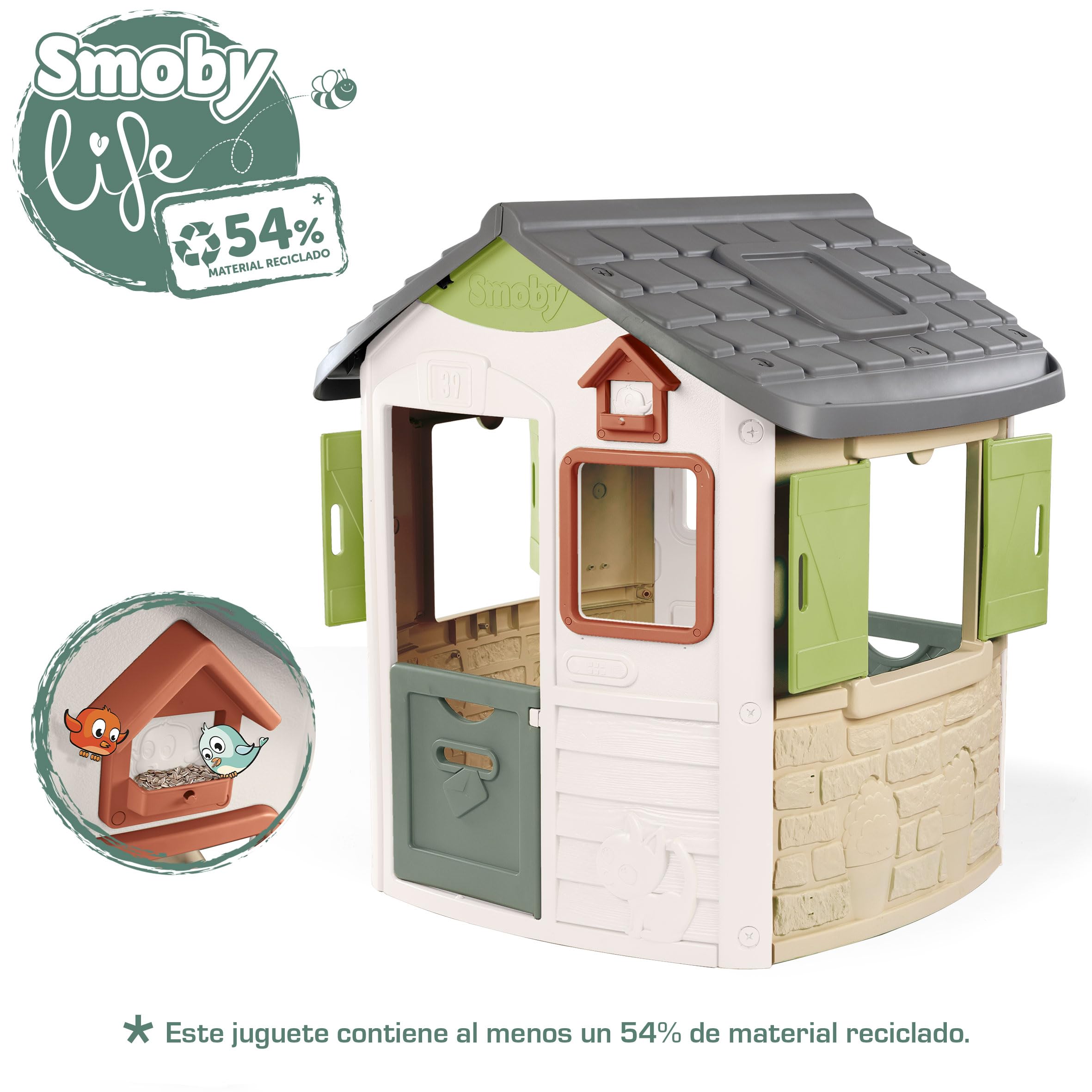 Smoby Life Casa Jura Lodge - Casa de Juegos Infantil con 2 Puertas Bajas, Ventanas con Contraventanas y Comedero para Pájaros - Material Reciclado - Resistente Rayos UV - Más de 2 años (7600810504)