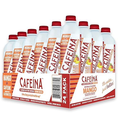 CAFEINA Mango - Agua de manantial con cafeína con sabor natural 100 mg de cafeína electrolitos potenciador de energía natural hidratante apto para