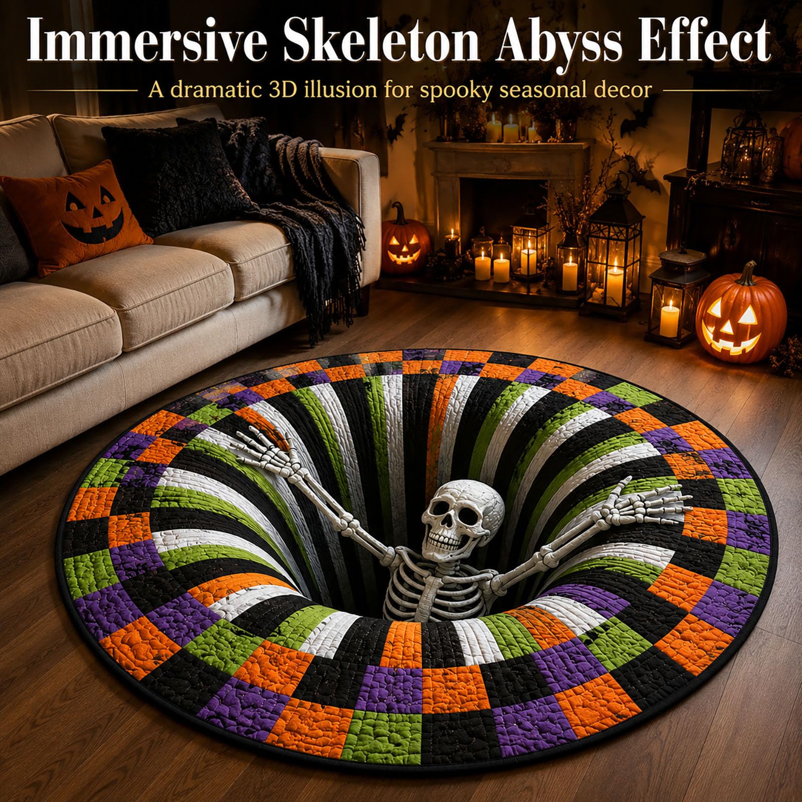 Tappeto 3D con Scheletro e Illusione Ottica Senza Fondo, Decorazioni spettrali 3D per la casa in Occasione di Halloween (6,A)