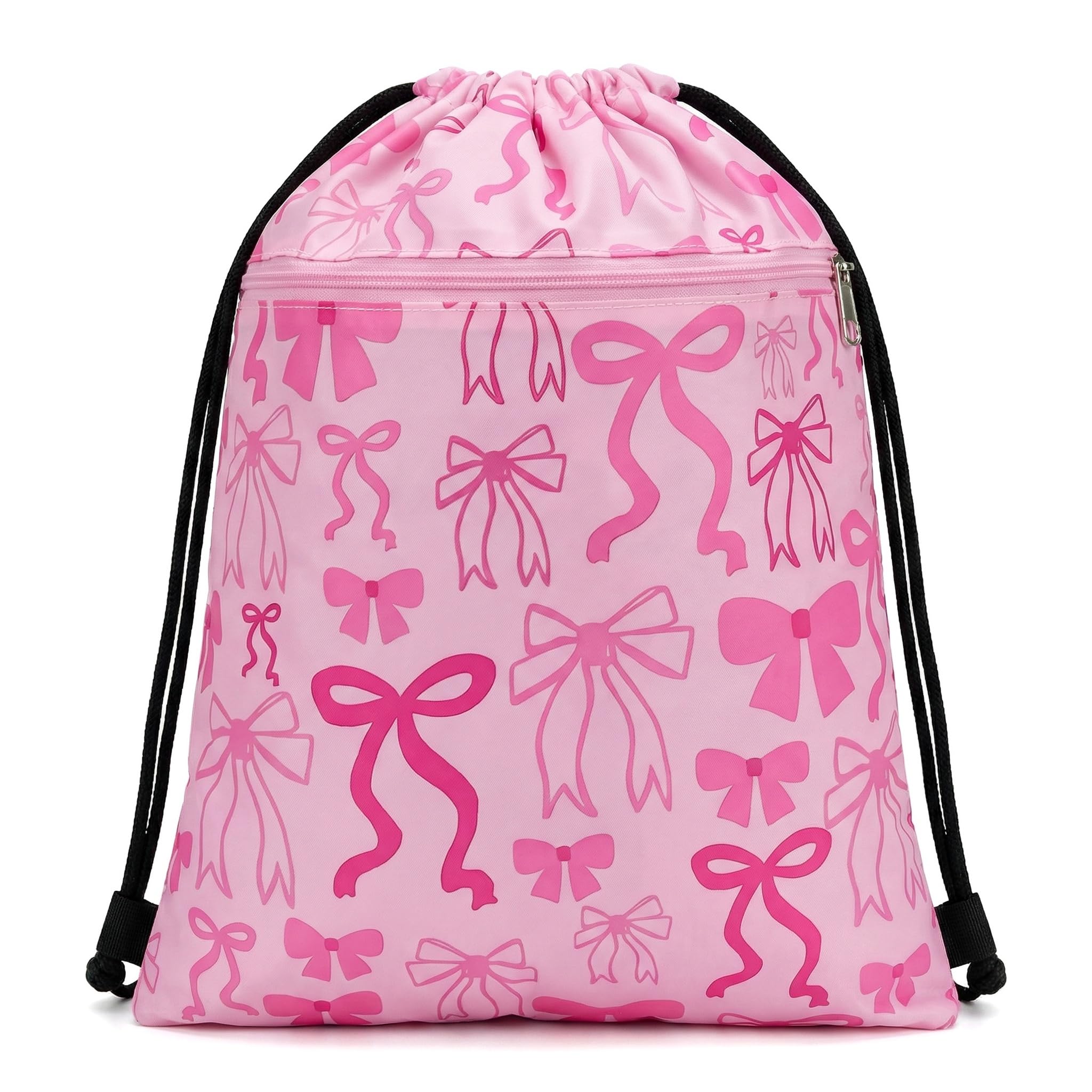 Zidoley Drawstring Bags for Kids Adults Girls Women, Pink Bow Swimming Bag, Waterproof Pe Draw String Bags for Swim, Gym Sack, Sports, School (Style 2)