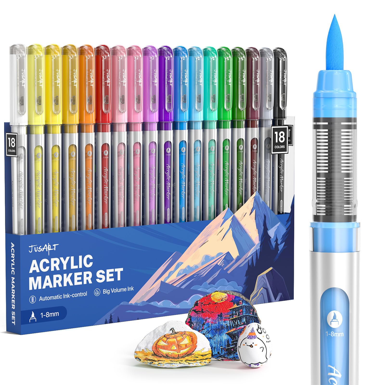 JusArt 18 Colours Acrylic Paint Markers Brush Tip, Water Based Paint Pens with Automatic Ink-Control, Waterproof 1-8mm Flexible Tip Acrylic Markers for Any Surface, Art Supplies for Adults Artist