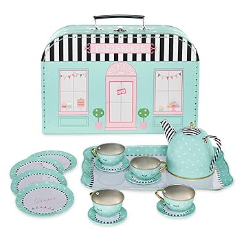 HearthSong 15-Piece Weekend in Paris-Themed Pretend-Play Tin Tea Set, Includes Teapot, 4 Plates, 4 Cups, 4 Saucers, Serving Tray and Carrying Case