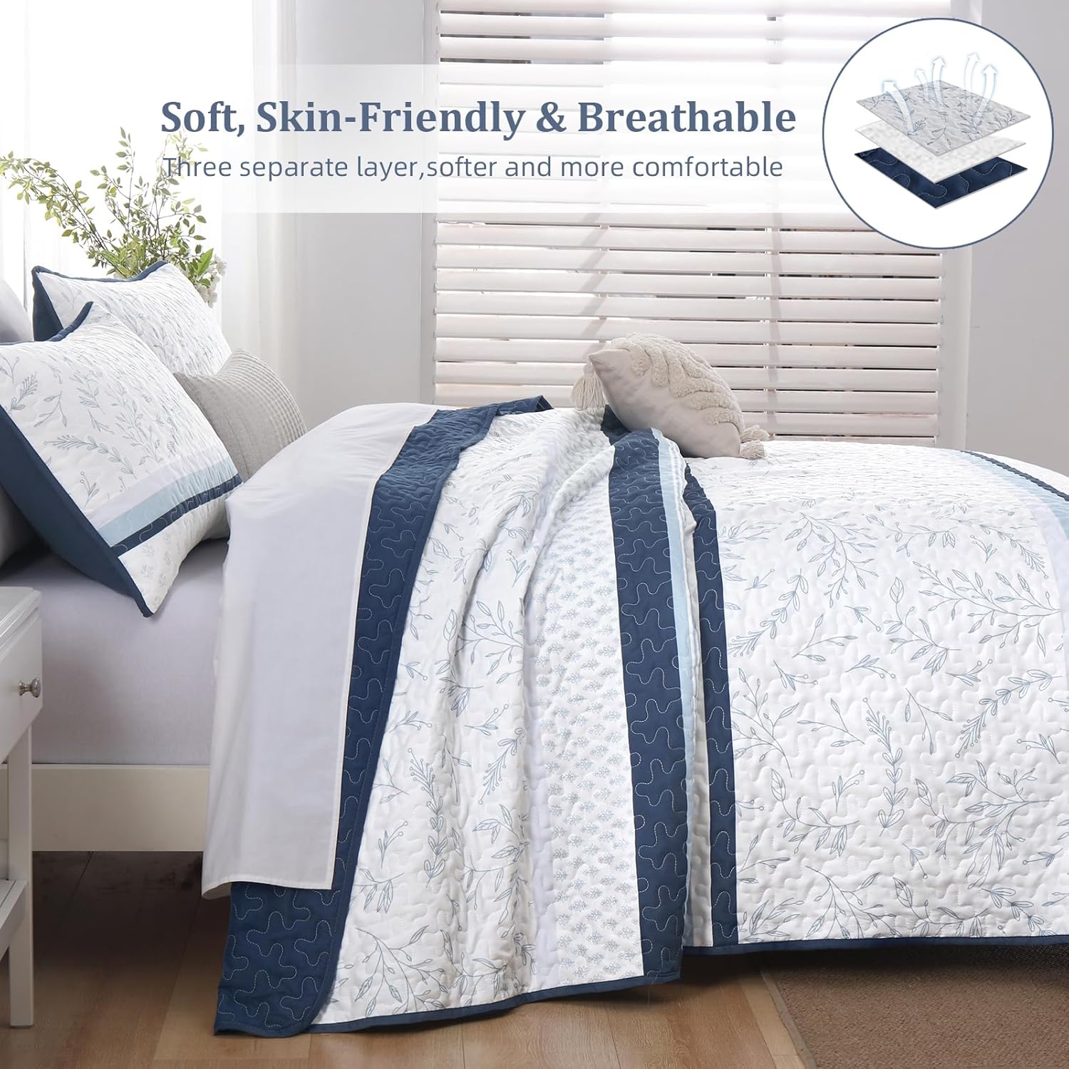 DJY Striped Quilt Set Queen Size, Navy Blue Boho Striped Patchwork Leaves Printed Bedspread Coverlet Set 3 Pieces Soft Lightweight Microfiber Quilted Bedding Set for All Season (96"x90") - Image 4