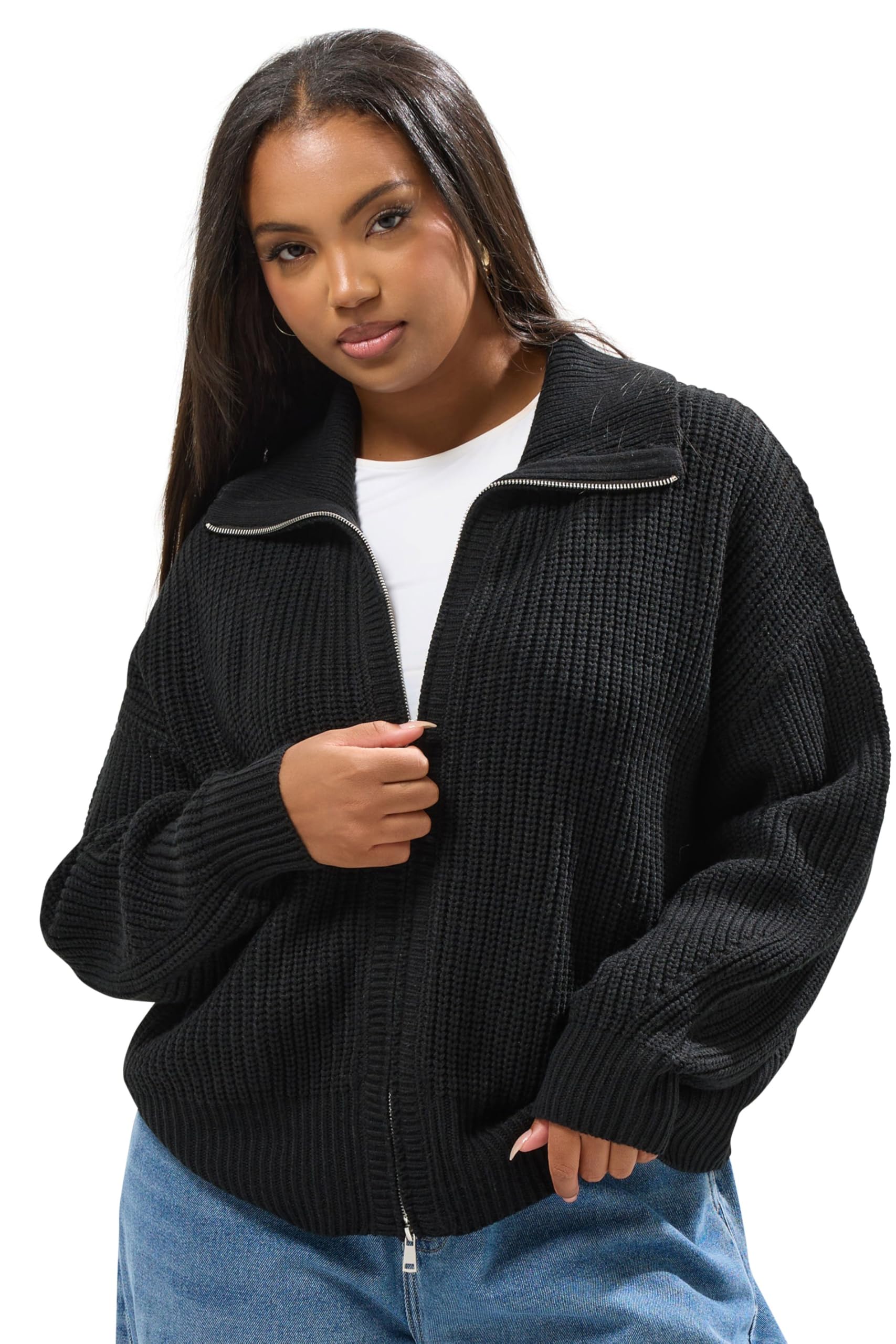 Yours Women's Black Bomber Knitted Cardigan Sweater In | Size: 22-24