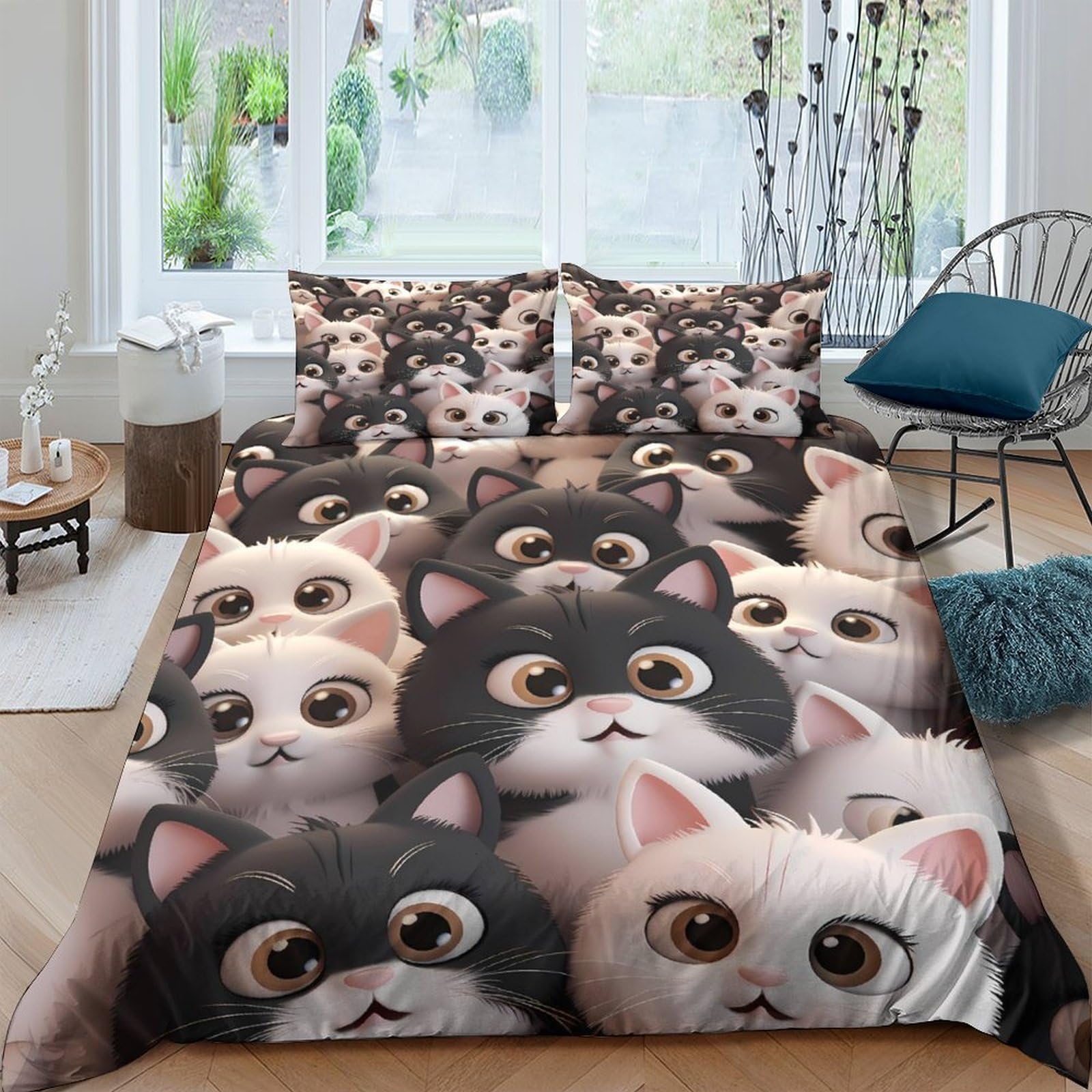 TUFRTGYHN 3D Printed Cute Cat Duvet Cover Microfiber Soft Breathable Cartoon Kitten Bedding Set with 2 Pillowcases for Bedroom Decor Single（135x200cm）