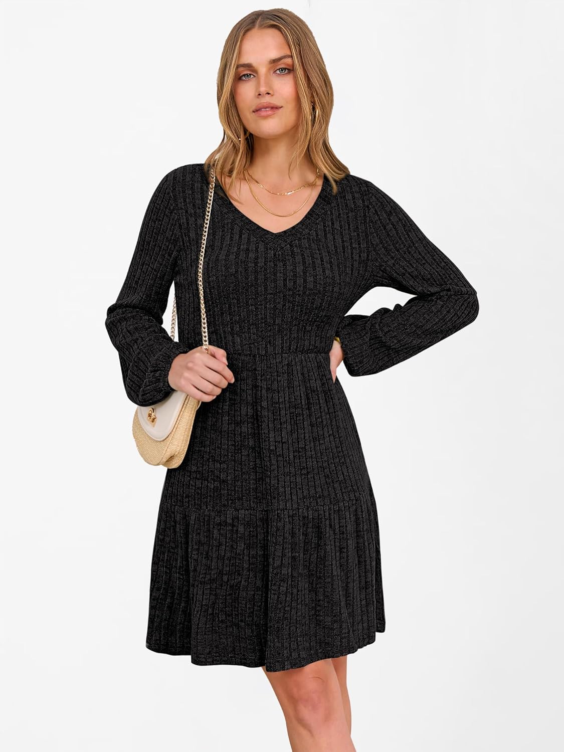 ANRABESS Women's Long Lantern Sleeve Ribbed Knit Dresses V Neck Casual 2025 Fall Winter Flowy Swing Tunic Sweater Short Dress - Image 6