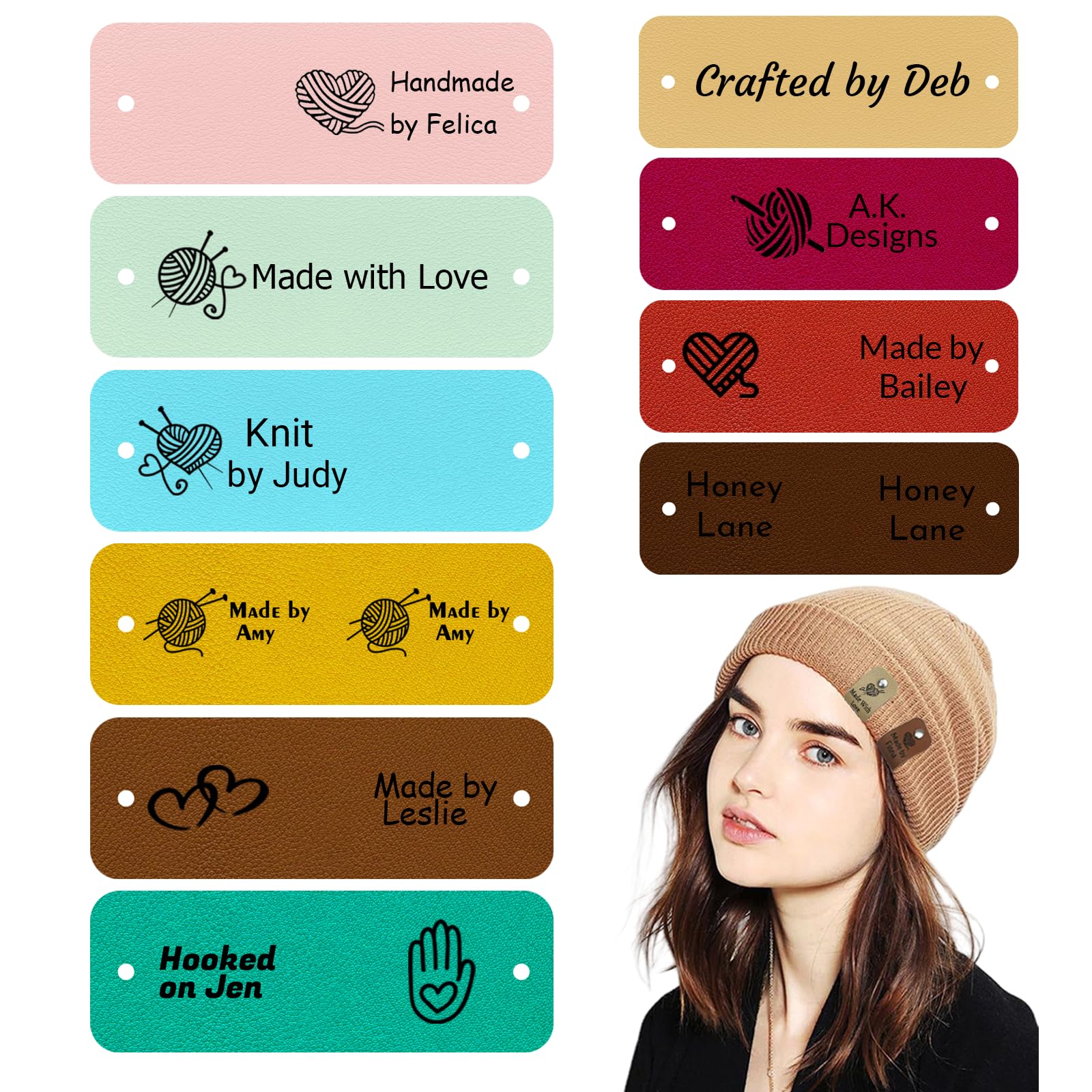 WINSD 9 Colors Custom Leather Handmade Tags with Rivet,2.5 * 0.8in Knits and Crochet Labels,Leather Labels for Knitted Hats Scarf Clothing,
