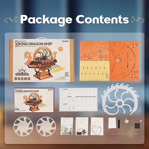 Miniatura 6 de ROKR Rompecabezas de madera 3D para adultos, construcción de 3 horas, barco dragón vikingo con luces LED, kits de modelo para adultos para