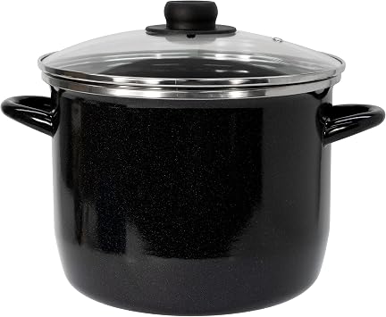 EKCO EOS 8-Quart Speckled Stockpot with Glass Lid Black Soup Pot for All Ranges, Dishwasher & Oven Safe up to 350F - Non-Reactive Enameled Interior Pot for Gumbo, Stew, Boil, Pasta, Chili