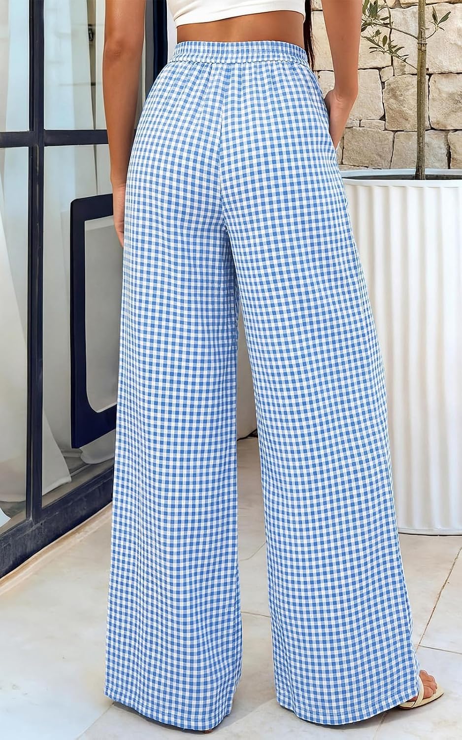  Womens Pants Elastic Waist Striped Lightweight Palazzo Pant thumbnail