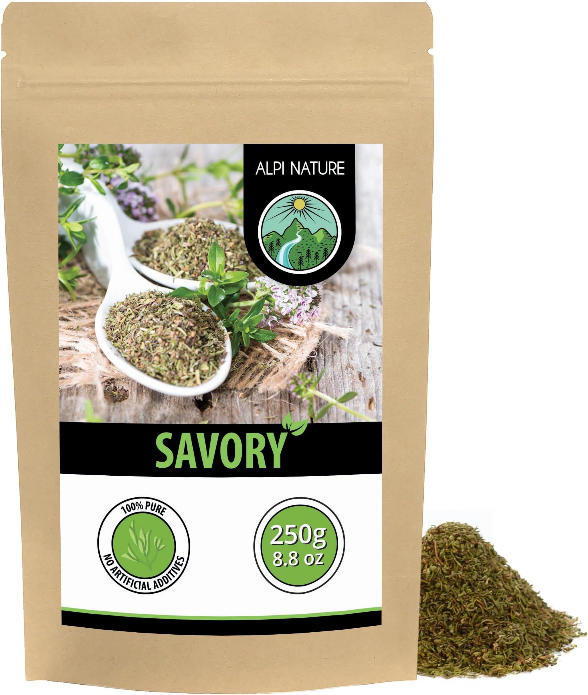 Alpi Nature Savoury Herb 250g 8.8 oz, Dried and Rubbed Satureja Leaves, Savory Spice for Cooking