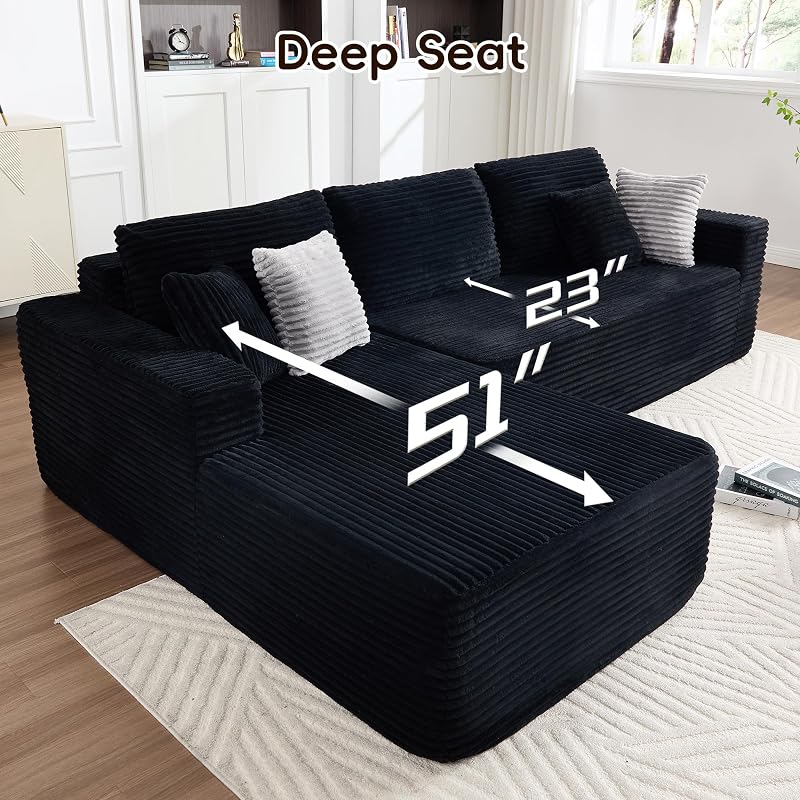 Opiesit 108" Boneless Couches for Living Room, Modular Sectional Sofa with Oversized Chaise, L-Shape Cloud Couch with Deep Seat, High-Density Memory Foam, No Assembly Required, Plush Corduroy Black image 3