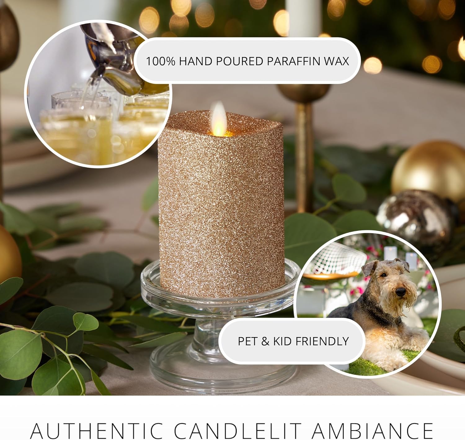 Luminara Realistic LED Moving Flame Pillar Candle, Gold Metallic Glitter, 3" x 4.5" Inch, Battery Operated w/Remote, Indoor Outdoor, Timer Function