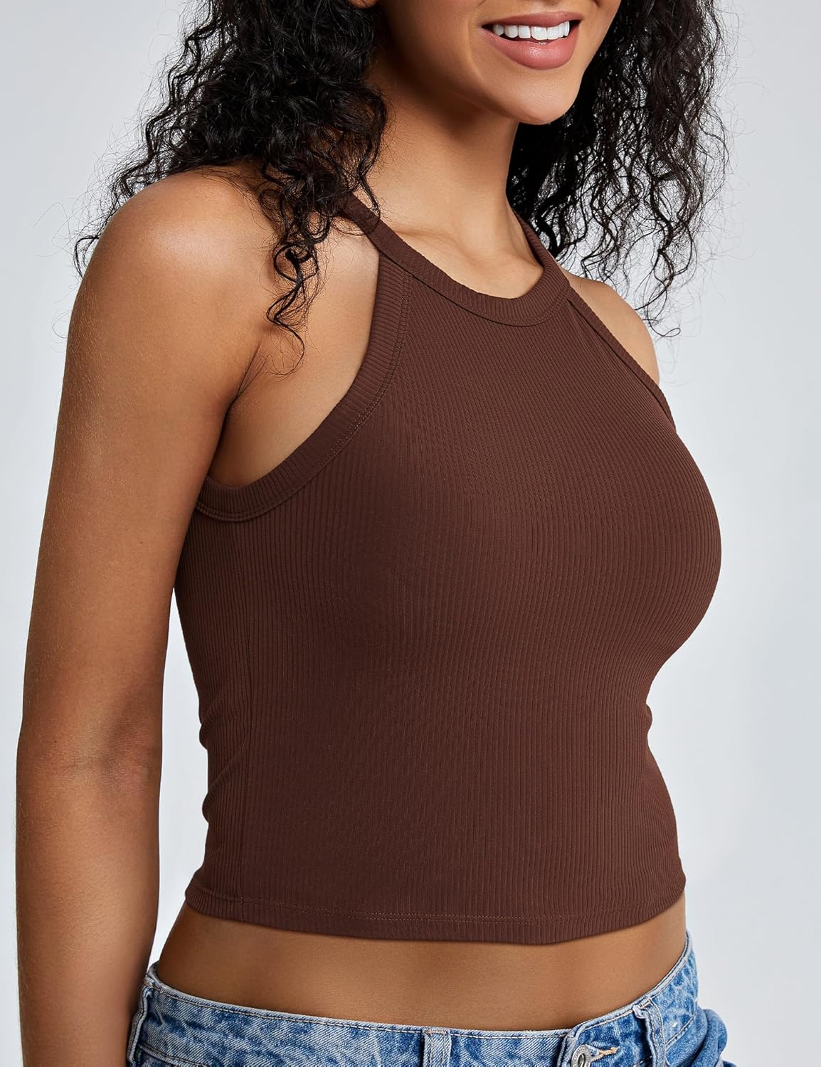 ZeroBound Built in Bra Tank Tops for Women - High Neck Racerback Tank Tops, Casual Basic Ribbed Going Out Top Sleeveless - Image 3