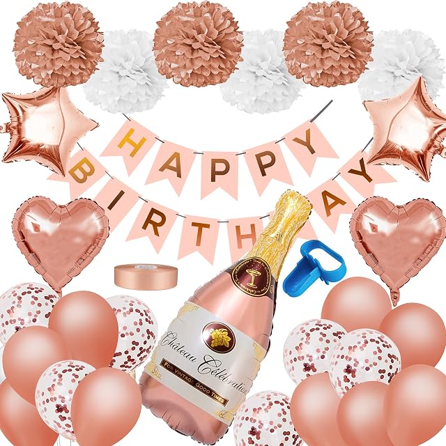 Rose Gold Birthday Decorations | Happy Birthday Banners With Heart Star Foil Confetti Balloons| Giant Champagne Foil Balloons | Birthday Decoration For Girls With Tissue Paper Pompoms